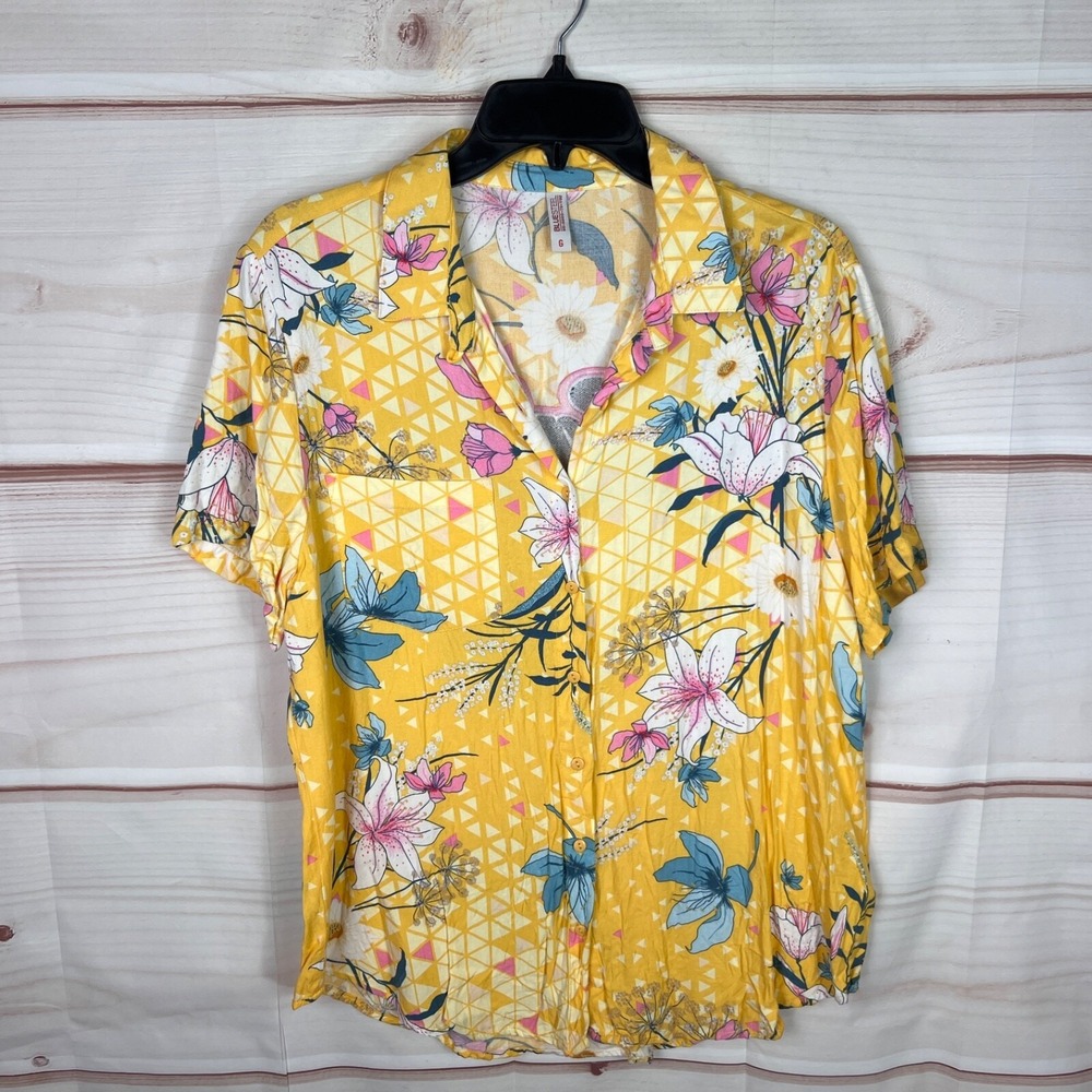 Bluesteel Top Womens L Yellow Tropical Floral Shirt Button Up Califa Applique